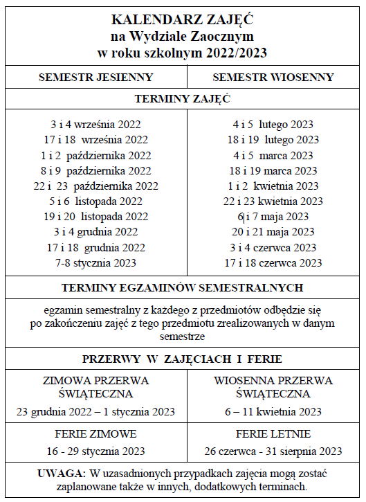 kalendarz zajęć 2022 2023